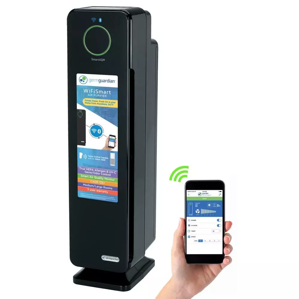 GermGuardian 28 in. Smart Elite 4-in-1 Air Purifier with True HEPA filter, and Wifi for Medium Rooms up to 181 Sq. Ft., Black 1 GermGuardian 28 in. Smart Elite 4-in-1 Air Purifier with True HEPA filter, and Wifi for Medium Rooms up to 181 Sq. Ft., Black