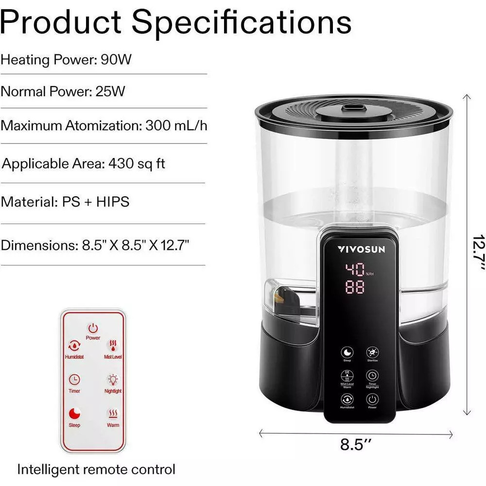 VIVOSUN 1.58 Gallon Cool and Warm Mist Ultrasonic Humidifier with Essential Oil Box and Remote Control up to 430 sq. ft. 9 VIVOSUN 1.58 Gallon Cool and Warm Mist Ultrasonic Humidifier with Essential Oil Box and Remote Control up to 430 sq. ft. - Image 7