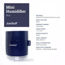 JussStuff Mini Humidifier 500ml Tank Portable Cool Mist Humidifier with Light Function and Auto Shut-Off for Home and Travel, Blue -Air Quality Shop blues humidifiers gxz j623 fa 1000