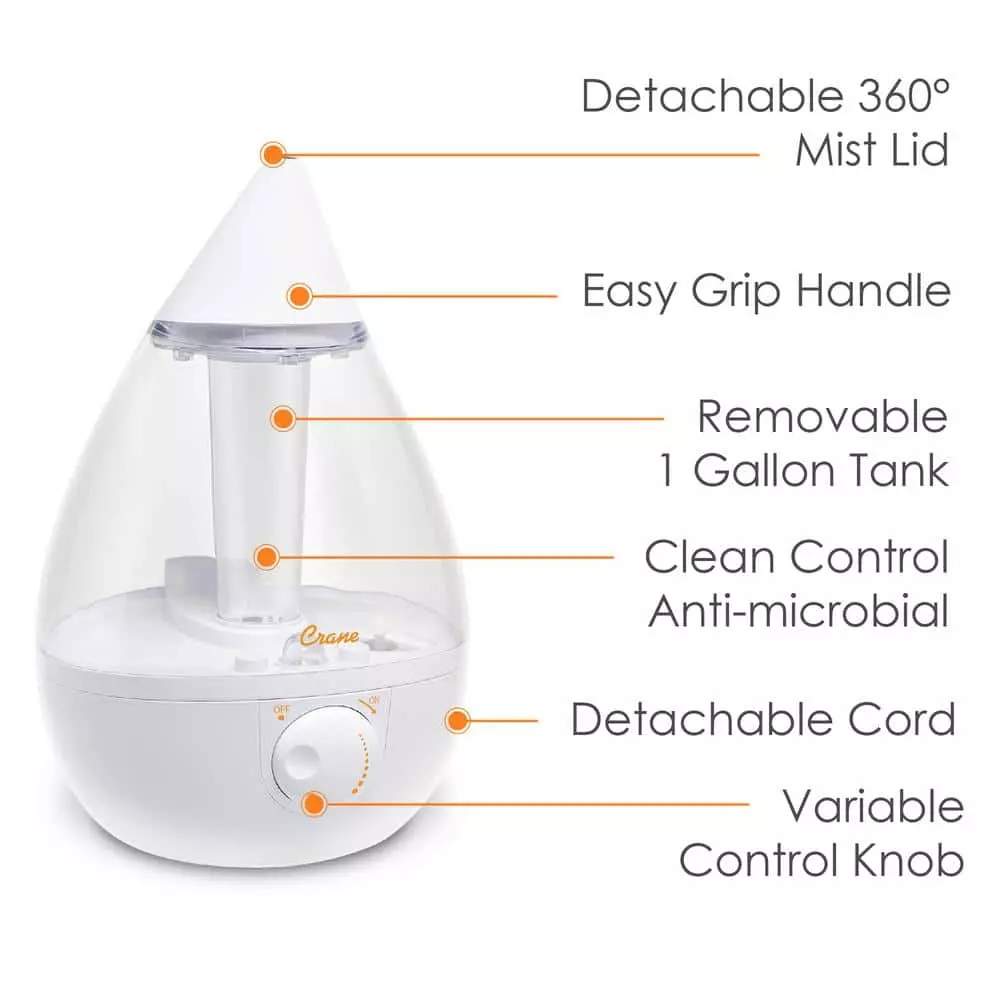 Crane 1 Gal. Drop Ultrasonic Cool Mist Humidifier for Medium to Large Rooms up to 500 sq. ft. - Clear/White 5 Crane 1 Gal. Drop Ultrasonic Cool Mist Humidifier for Medium to Large Rooms up to 500 sq. ft. - Clear/White - Image 3