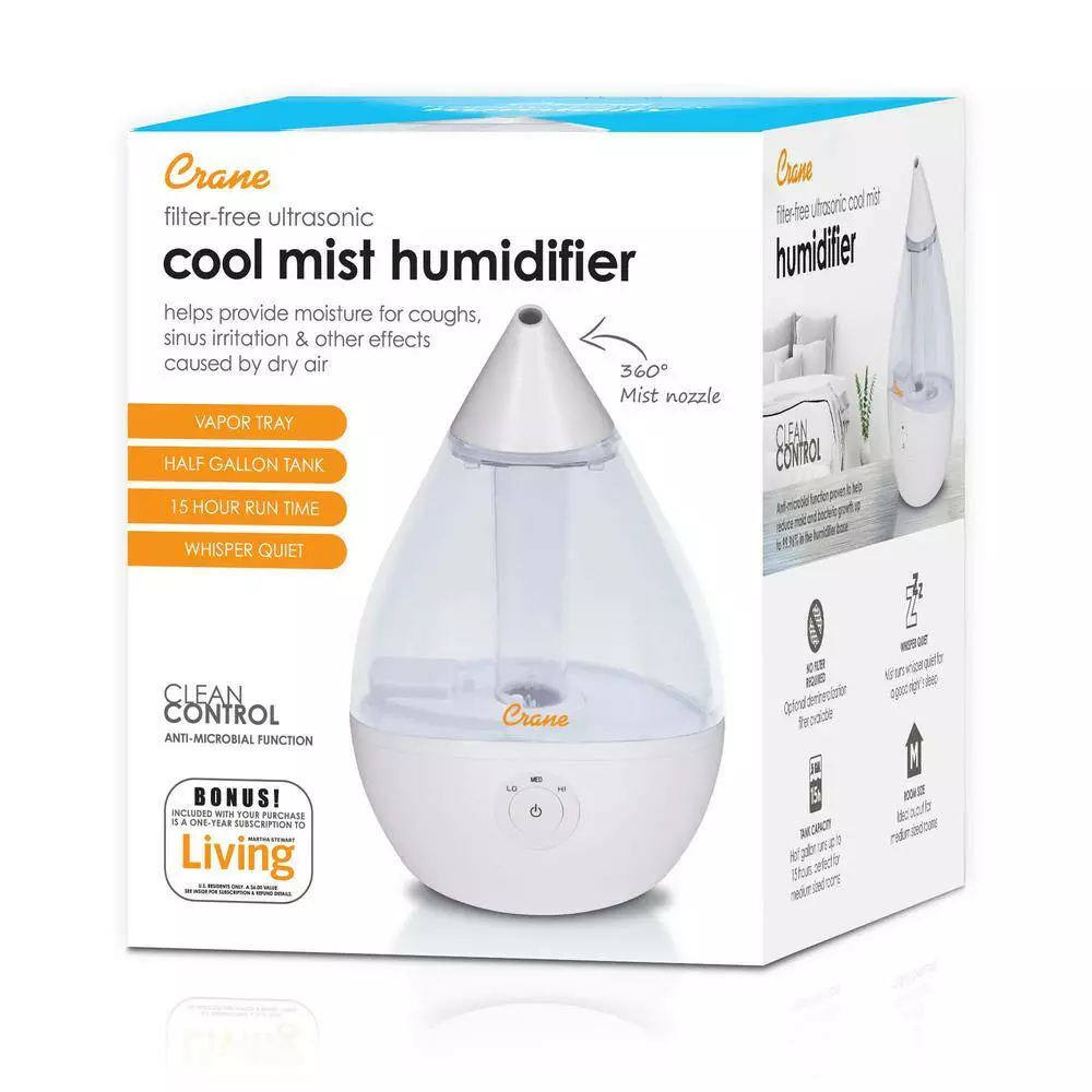 Crane 0.5 Gal. Droplet Ultrasonic Cool Mist Humidifier for Small to Medium Rooms up to 250 sq. ft. - Clear/White 11 Crane 0.5 Gal. Droplet Ultrasonic Cool Mist Humidifier for Small to Medium Rooms up to 250 sq. ft. - Clear/White - Image 9