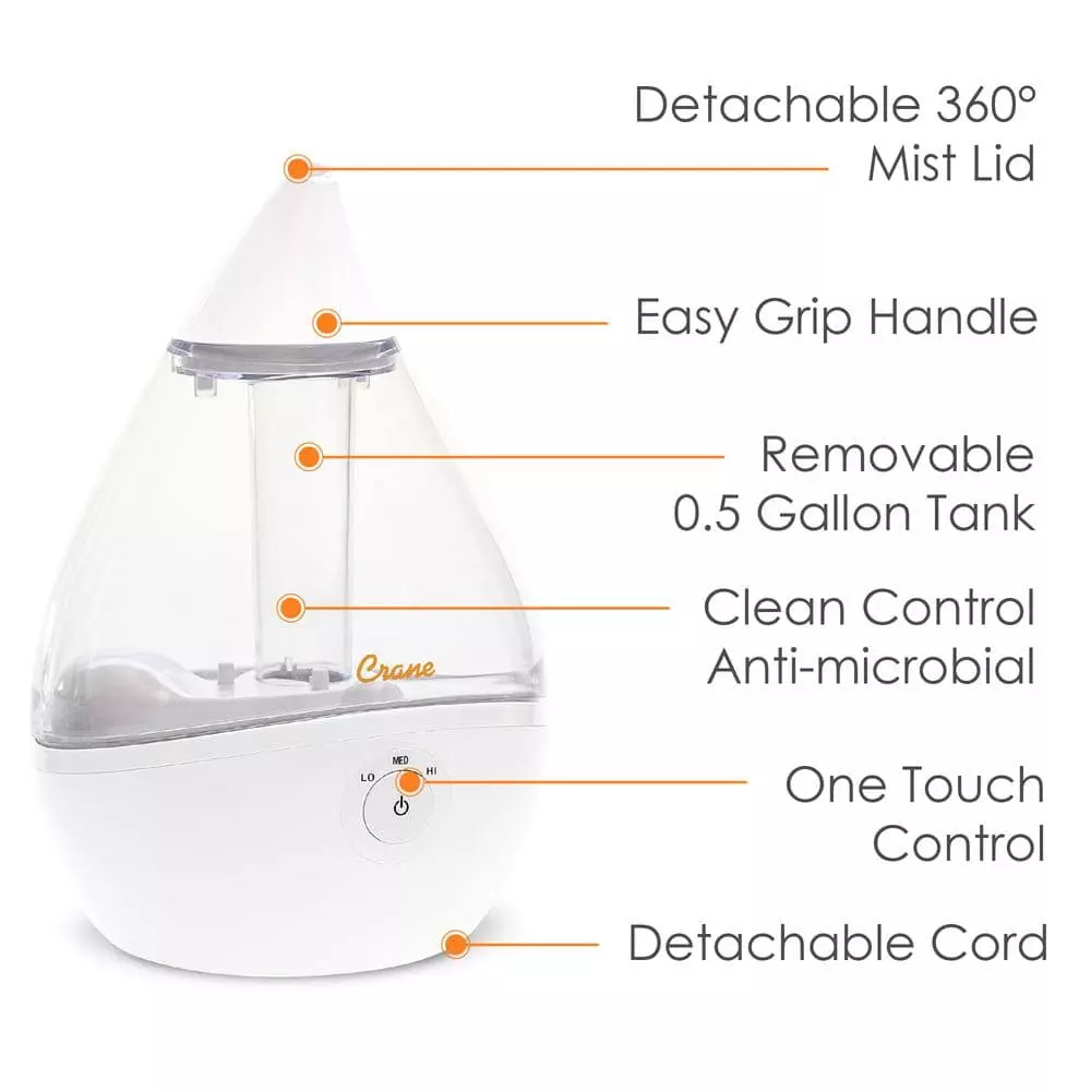Crane 0.5 Gal. Droplet Ultrasonic Cool Mist Humidifier for Small to Medium Rooms up to 250 sq. ft. - Clear/White 4 Crane 0.5 Gal. Droplet Ultrasonic Cool Mist Humidifier for Small to Medium Rooms up to 250 sq. ft. - Clear/White - Image 2