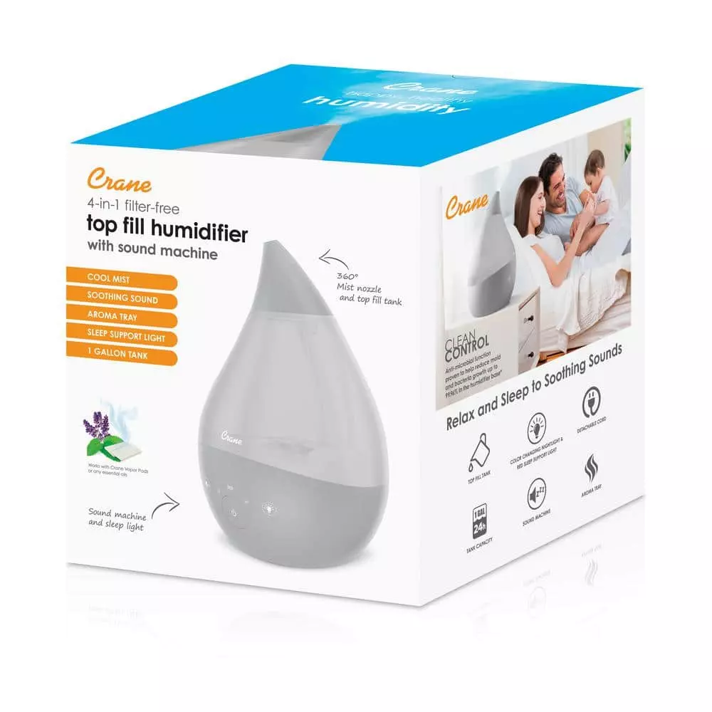 Crane 1 Gal. Top Fill Drop Cool Mist Humidifier with Sound Machine for Medium to Large Rooms up to 500 sq. ft. - Grey 11 Crane 1 Gal. Top Fill Drop Cool Mist Humidifier with Sound Machine for Medium to Large Rooms up to 500 sq. ft. - Grey - Image 9