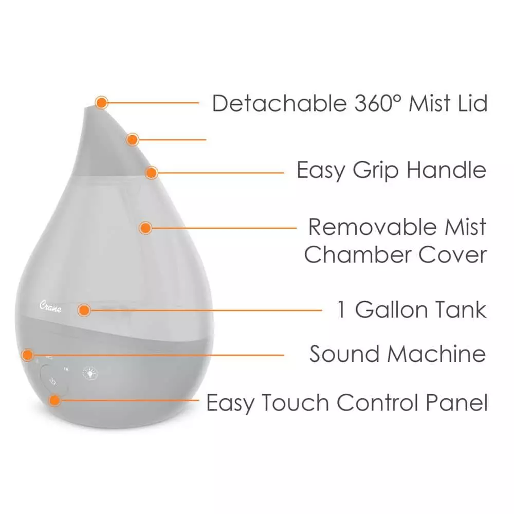 Crane 1 Gal. Top Fill Drop Cool Mist Humidifier with Sound Machine for Medium to Large Rooms up to 500 sq. ft. - Grey 6 Crane 1 Gal. Top Fill Drop Cool Mist Humidifier with Sound Machine for Medium to Large Rooms up to 500 sq. ft. - Grey - Image 4