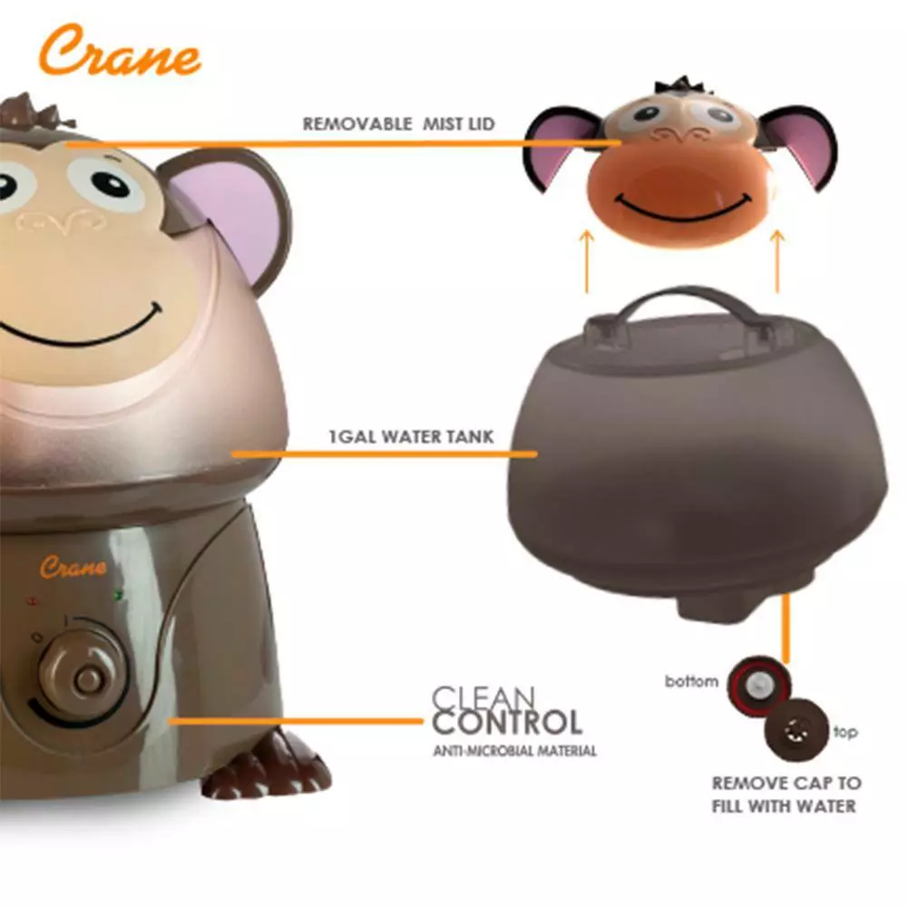 Crane 1 Gal. Adorable Ultrasonic Cool Mist Humidifier for Medium to Large Rooms up to 500 sq. ft. - Monkey 8 Crane 1 Gal. Adorable Ultrasonic Cool Mist Humidifier for Medium to Large Rooms up to 500 sq. ft. - Monkey - Image 6