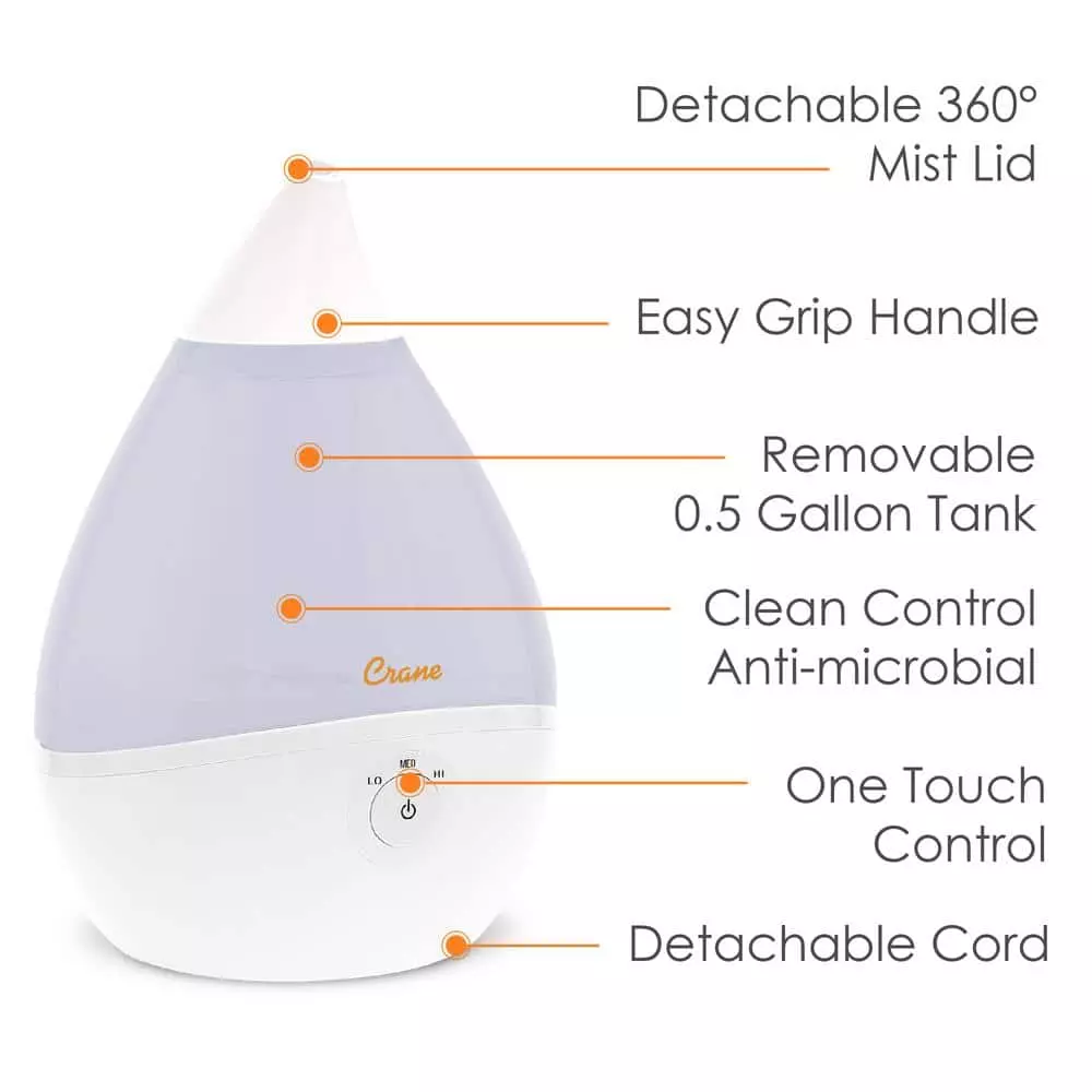 Crane 0.5 Gal. Droplet Ultrasonic Cool Mist Humidifier for Small to Medium Rooms up to 250 sq. ft. -White 4 Crane 0.5 Gal. Droplet Ultrasonic Cool Mist Humidifier for Small to Medium Rooms up to 250 sq. ft. -White - Image 2