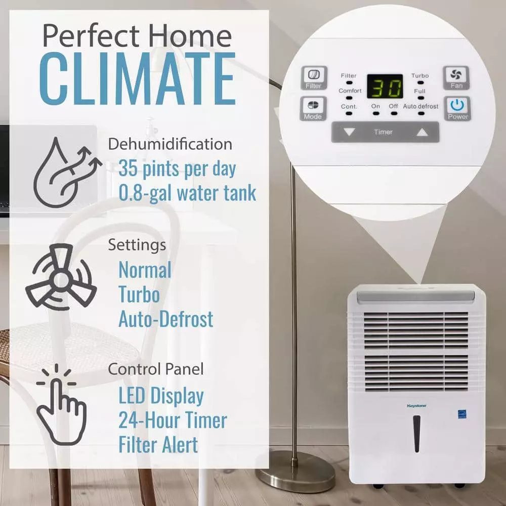 Keystone Energy Star 35 Pint Dehumidifier for up to 3,000 Sq.Ft. LED Display Timer Portable w/ Wheels Auto-Shutoff 4 Keystone Energy Star 35 Pint Dehumidifier for up to 3,000 Sq.Ft. LED Display Timer Portable w/ Wheels Auto-Shutoff - Image 2