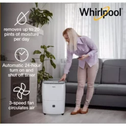 Whirlpool 20-Pint Portable Dehumidifier with 24-Hour Timer, Auto Shut-Off, Easy-Clean Filter, Auto-Restart and Wheels 13 Whirlpool 20-Pint Portable Dehumidifier with 24-Hour Timer, Auto Shut-Off, Easy-Clean Filter, Auto-Restart and Wheels -Air Quality Shop whites whirlpool dehumidifiers whad201cw c3 1000