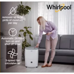 Whirlpool 30-Pint Portable Dehumidifier with 24-Hour Timer, Auto Shut-Off, Easy-Clean Filter, Auto-Restart and Wheels 13 Whirlpool 30-Pint Portable Dehumidifier with 24-Hour Timer, Auto Shut-Off, Easy-Clean Filter, Auto-Restart and Wheels -Air Quality Shop whites whirlpool dehumidifiers whad301cw c3 1000
