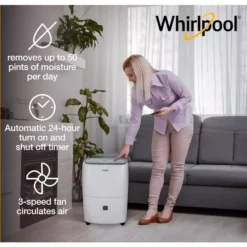 Whirlpool 50-Pint Portable Dehumidifier with 24-Hour Timer, Auto Shut-Off, Easy-Clean Filter, Auto-Restart and Wheels 13 Whirlpool 50-Pint Portable Dehumidifier with 24-Hour Timer, Auto Shut-Off, Easy-Clean Filter, Auto-Restart and Wheels -Air Quality Shop whites whirlpool dehumidifiers whad501cw c3 1000